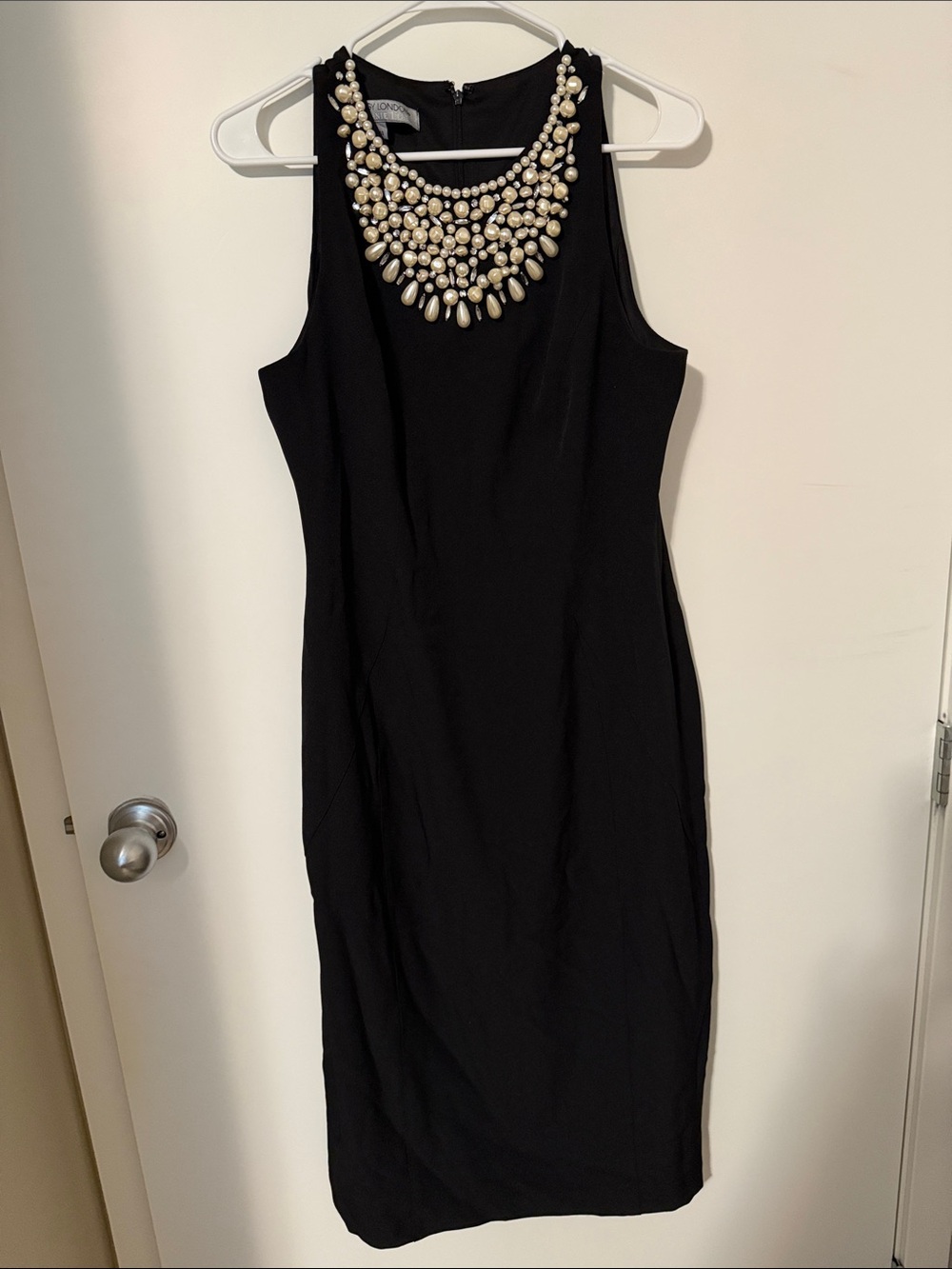 Maggy London Black Midi Dress with Pearl Statement Neck
